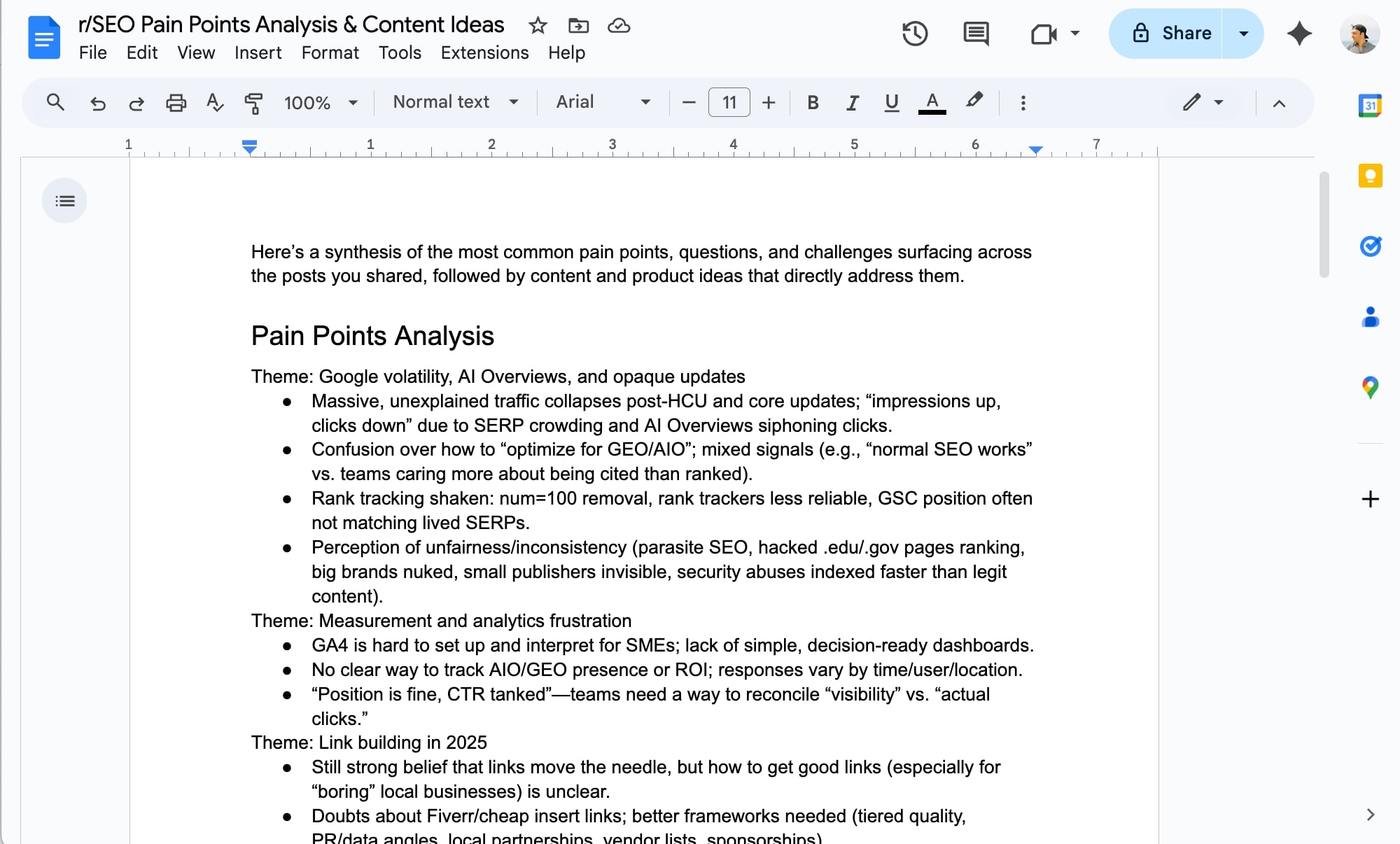 Pain point analysis in a Google Doc