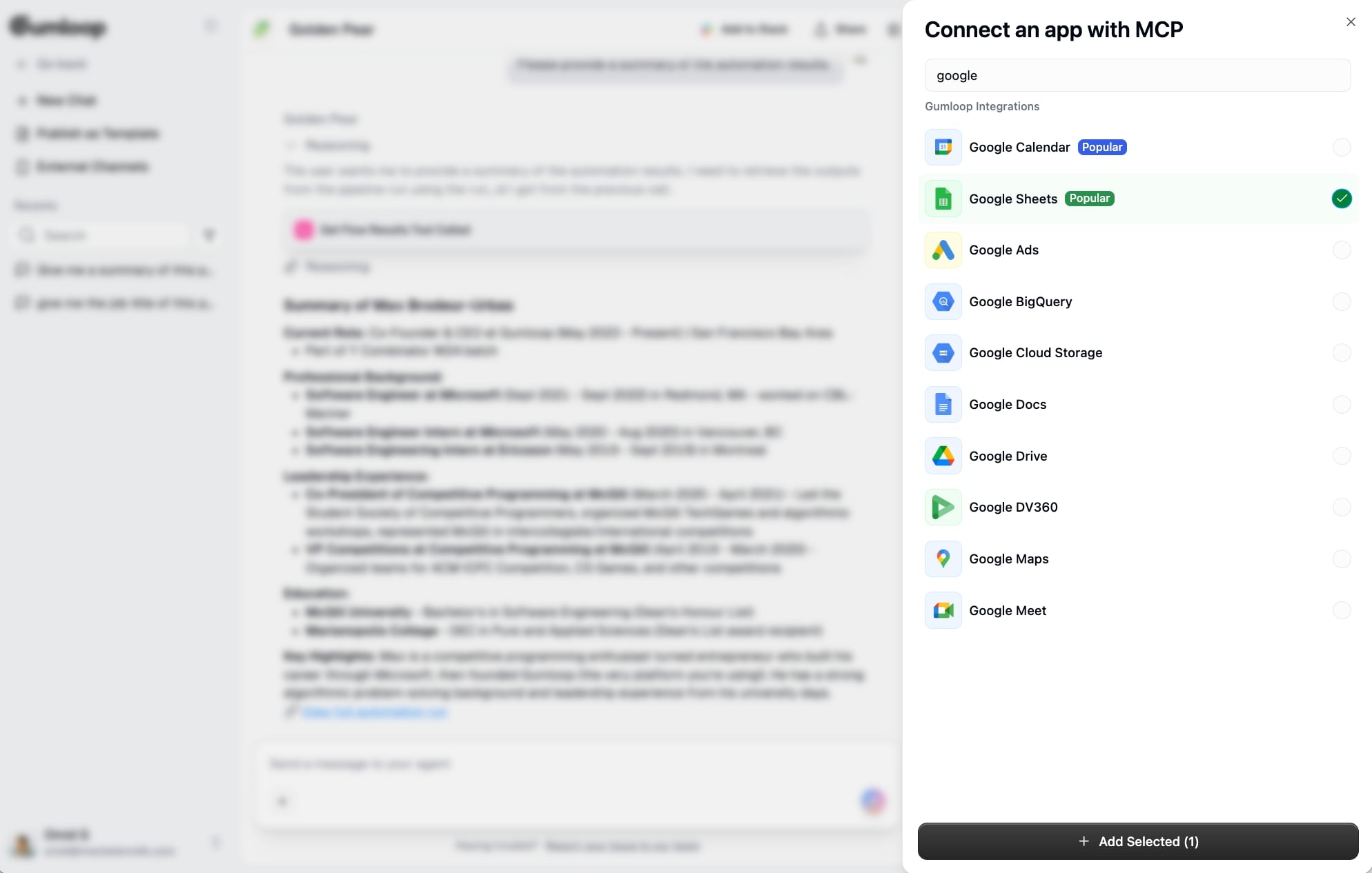 Adding Google Sheets MCP app