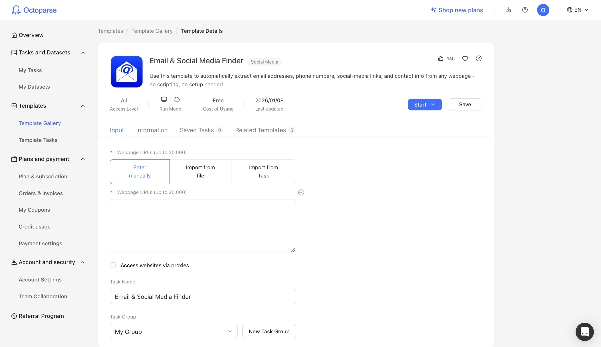 Octoparse dashboard