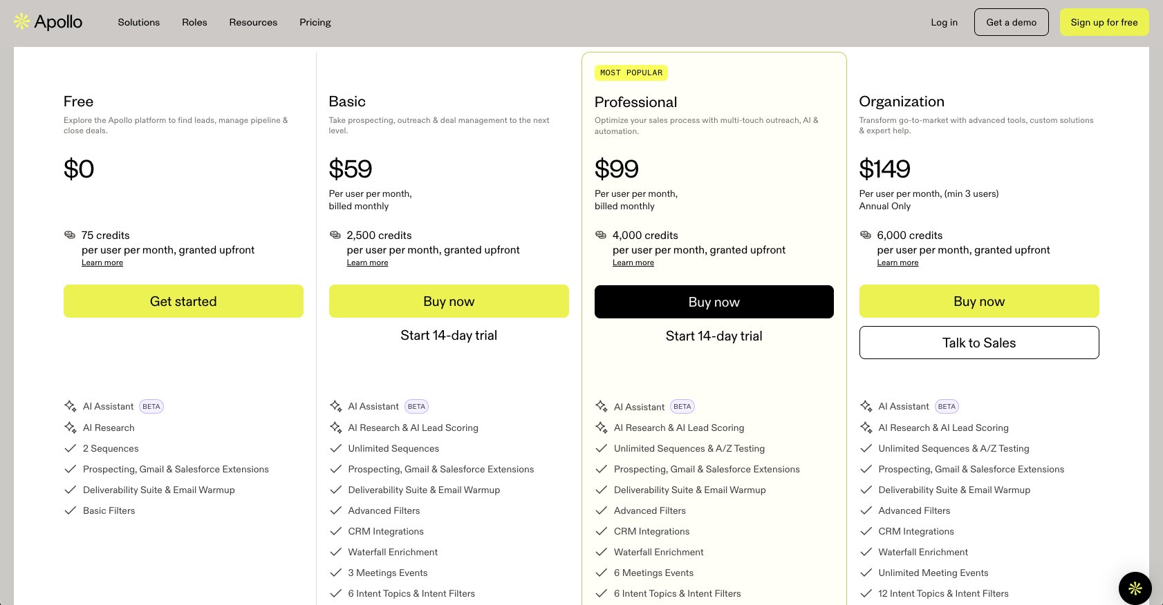 Apollo pricing page