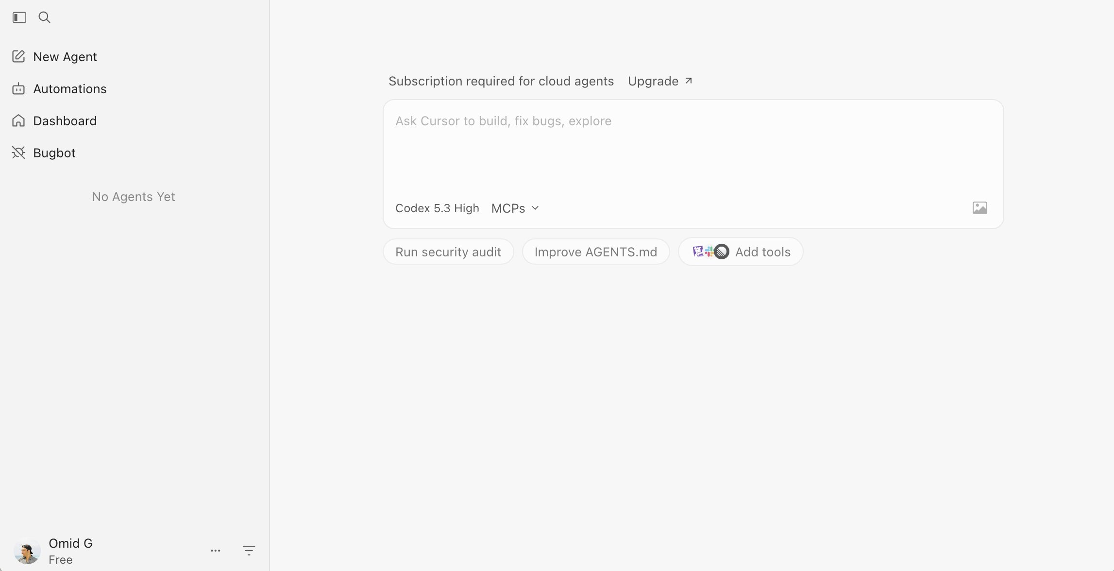 Cursor's agent builder interface