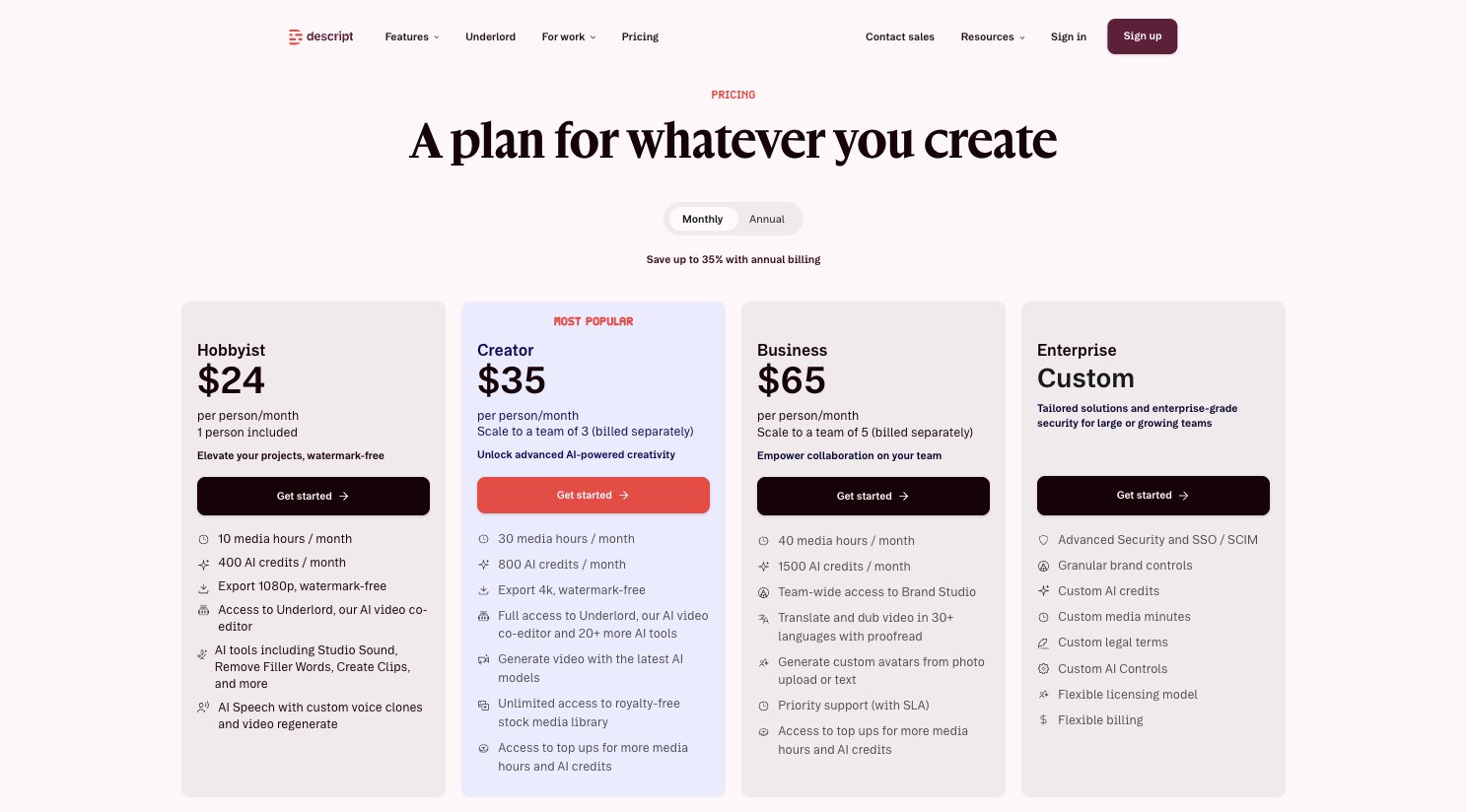 Descript pricing plans